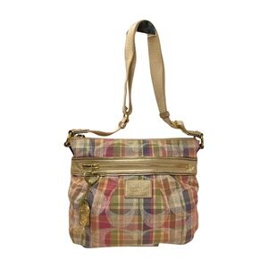 Coach 2012 EUC Poppy Plaid Glam Bag Hobo Gold Leather Trim Hangtag
